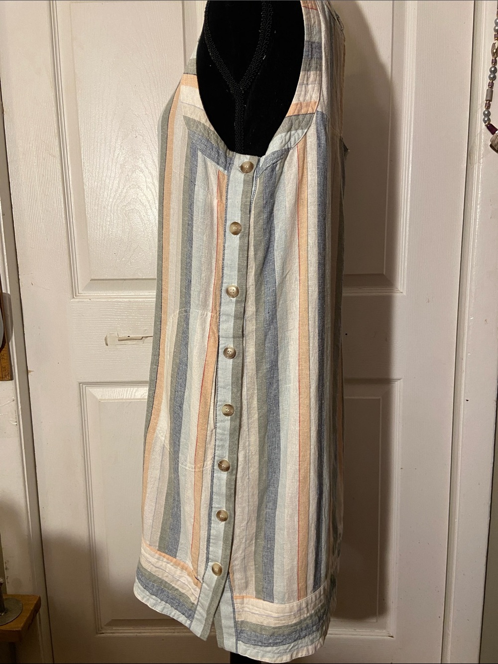 For Cynthia Striped Midi Sleeveless Dress Linen Blend sz L Side Button Closure